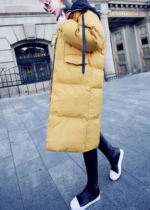 Casual trendy plus size down jacket overcoat yellow hooded drawstring down jacket woman - SooLinen