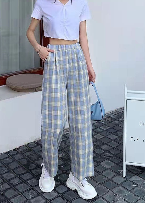 Casual Green Plaid High Waist zippered Wide Leg Pants