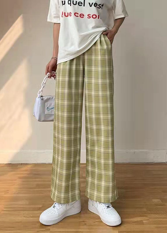 Casual Green Plaid High Waist zippered Wide Leg Pants