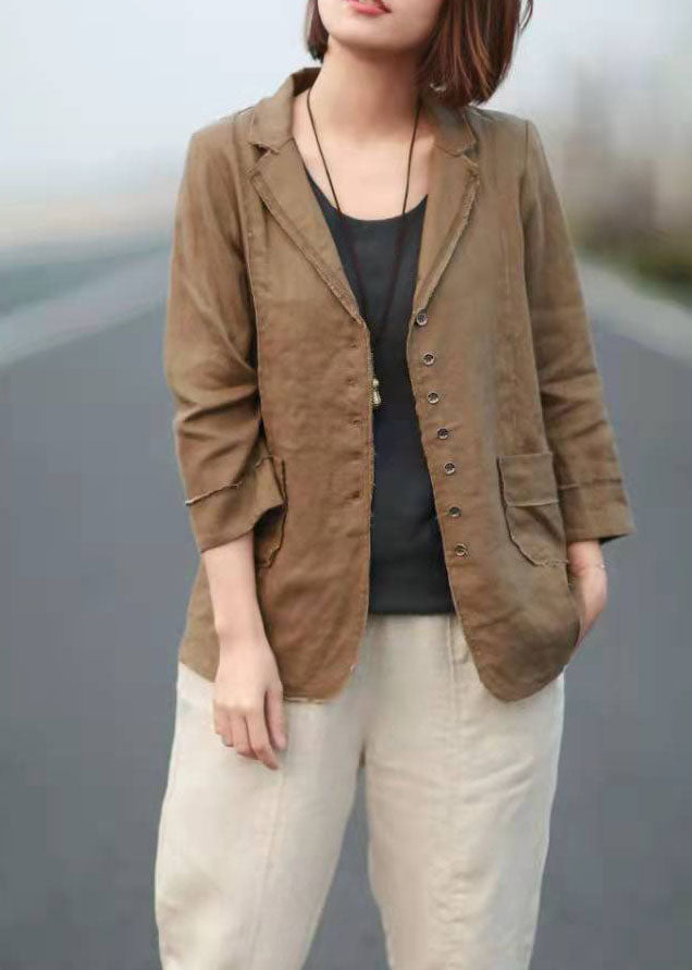 Lässige Khaki-Patchwork-Oberteile aus Frühlingsleinen mit langen Ärmeln