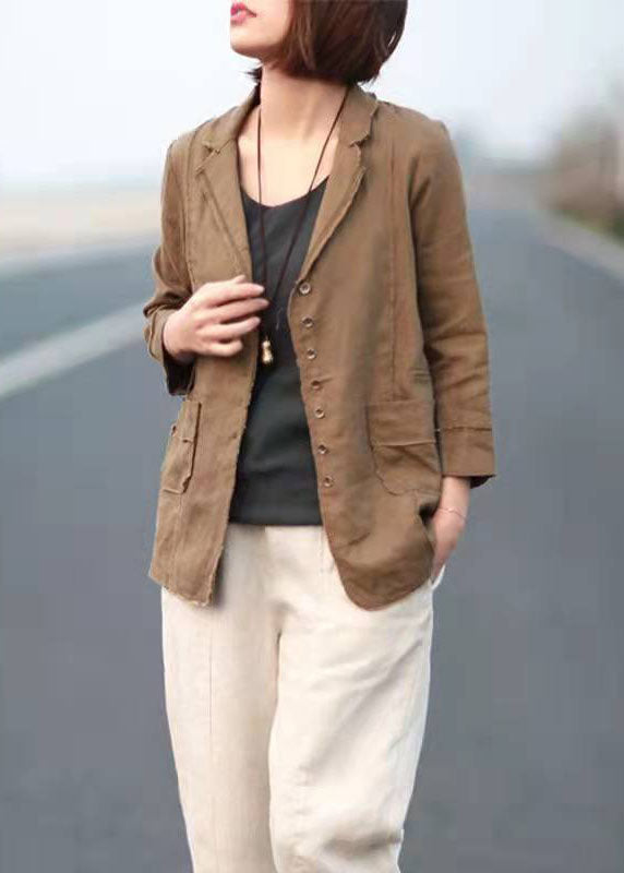 Casual Khaki Patchwork Spring Linen Long Sleeve Tops