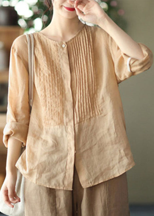 Champagne Colour Linen Shirt Tops Button Wrinkled Long Sleeve