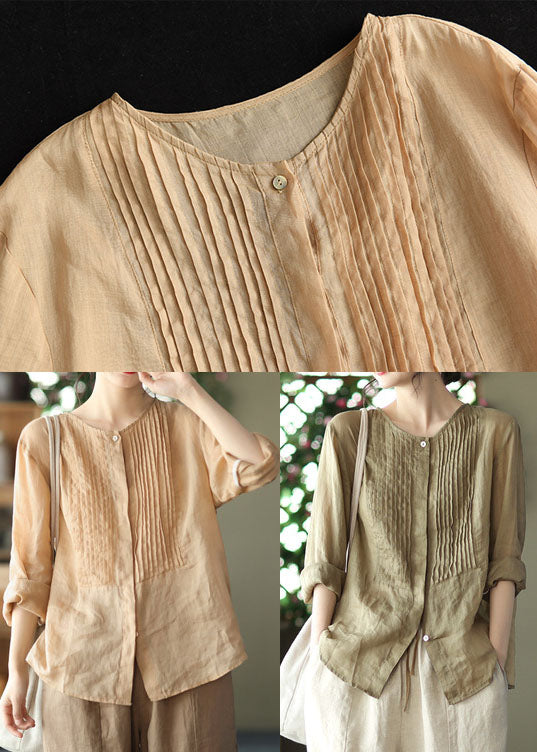 Champagne Colour Linen Shirt Tops Button Wrinkled Long Sleeve