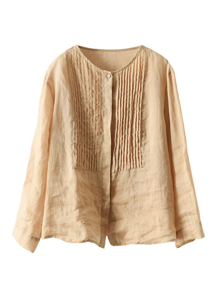 Champagne Colour Linen Shirt Tops Button Wrinkled Long Sleeve