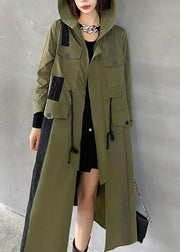 Chic Army Green Pockets Patchwork Button Zippered Fall Tie Waist Hooded Coat Long Sleeve - SooLinen