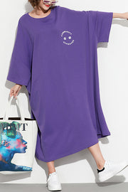 Chic Batwing Sleeve cotton tunic dress2024 Work Outfits purple print Maxi Dresses Summer