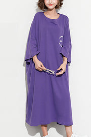 Chic Batwing Sleeve cotton tunic dress2024 Work Outfits purple print Maxi Dresses Summer