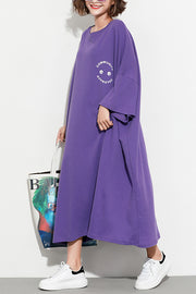 Chic Batwing Sleeve cotton tunic dress2024 Work Outfits purple print Maxi Dresses Summer