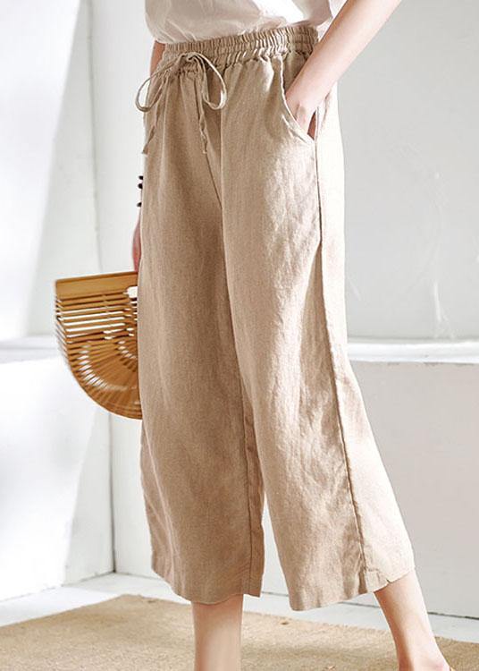 Chic Beige Pockets Casual Wide Leg Summer Pants Linen - SooLinen