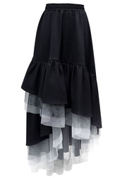 Chic Black Asymmetrical Tulle Patchwork Elastic Waist Cotton A Line Skirt Summer