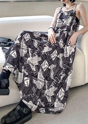 Chic Black Cold Shoulder Print Side Open Cotton Sleeveless Summer Maxi Dress - SooLinen