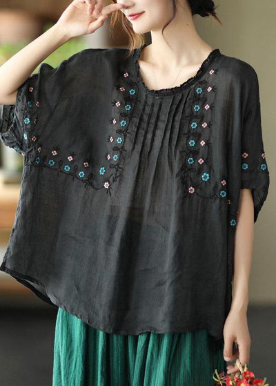 Chic Black O-Neck Embroideried Summer Ramie Half Sleeve - SooLinen