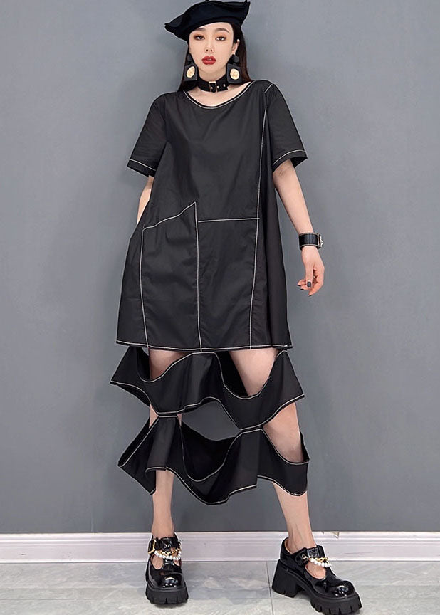 Chic Black O-Neck Ripped Patchwork Long Dress Short Sleeve