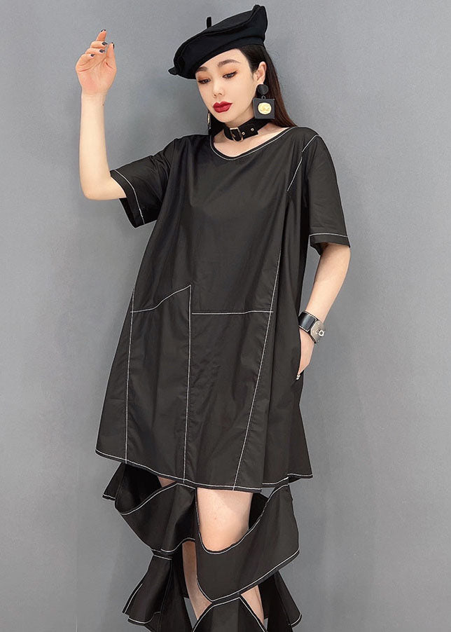 Chic Black O-Neck Ripped Patchwork Long Dress Short Sleeve