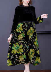 Chic Black Patchwork Print Velour Dress Spring