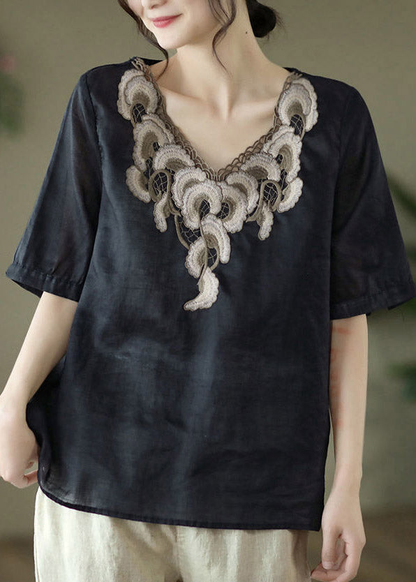 Chic Black V Neck Embroidered Linen Floral Shirts