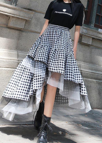 Chic Black White Plaid Ruffles Patchwork Lace Skirt Summer - SooLinen