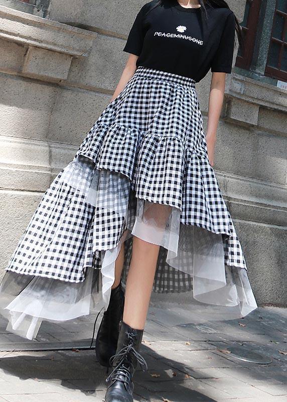 Chic Black White Plaid Ruffles Patchwork Lace Skirt Summer - SooLinen