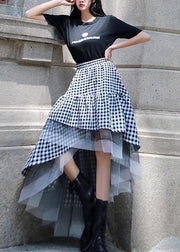 Chic Black White Plaid Ruffles Patchwork Lace Skirt Summer - SooLinen