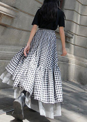 Chic Black White Plaid Ruffles Patchwork Lace Skirt Summer - SooLinen