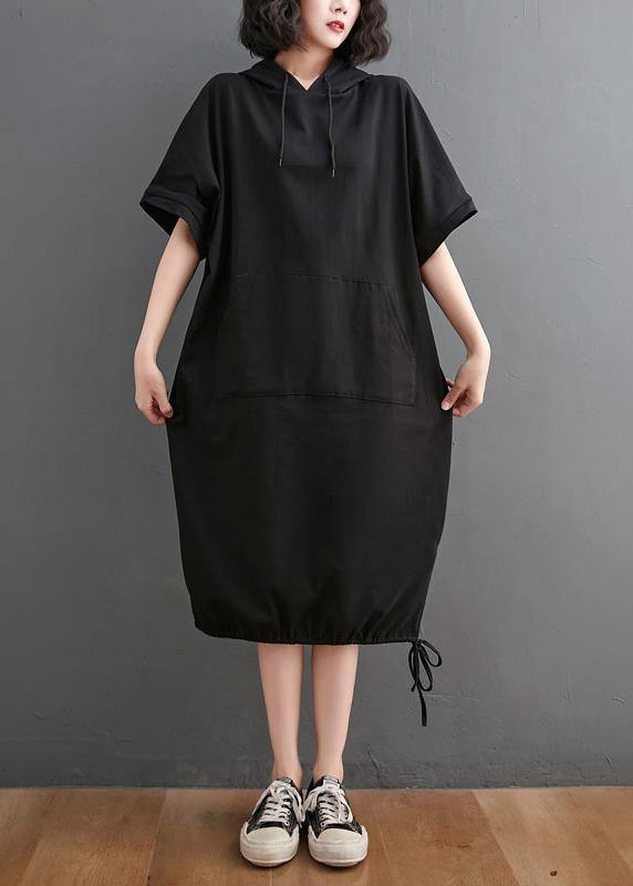 Chic Black hooded Pockets Mid Summer Cotton Dress - SooLinen