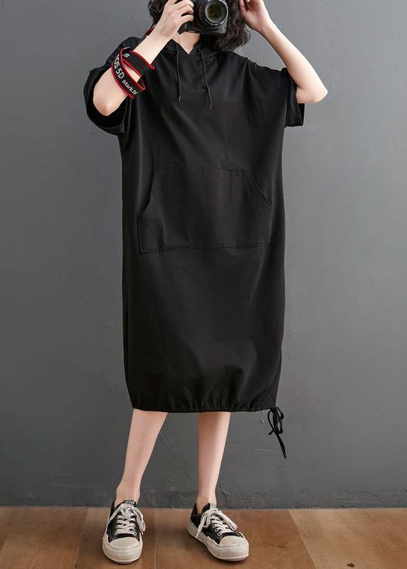 Chic Black hooded Pockets Mid Summer Cotton Dress - SooLinen