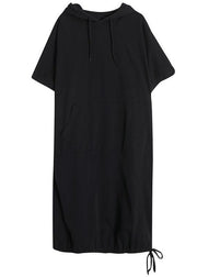 Chic Black hooded Pockets Mid Summer Cotton Dress - SooLinen