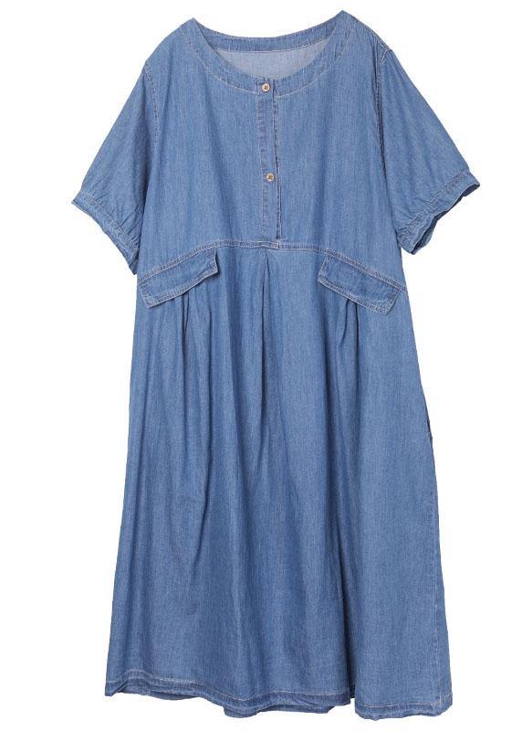 Chic Blue Button Cinched Denim Summer Dresses - SooLinen