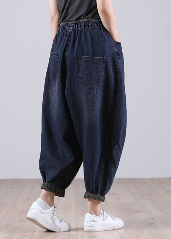 Chic Blue Casual Elastic Waist Pockets Harem Denim Fall Patchwork Pants