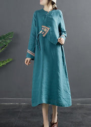 Chic Blue Embroidery Quilting Clothes Patchwork Loose Dresses - SooLinen