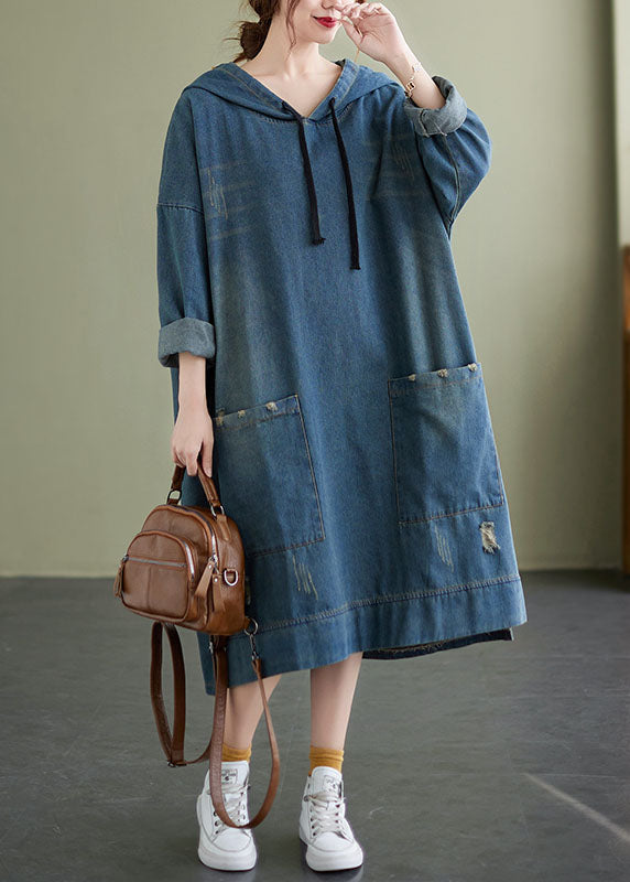 Chic Blue Hooded drawstring denim Dress Spring