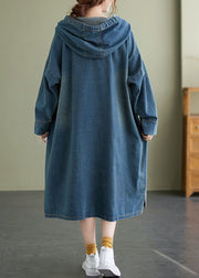 Chic Blue Hooded drawstring denim Dress Spring