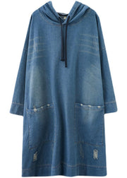 Chic Blue Hooded drawstring denim Dress Spring