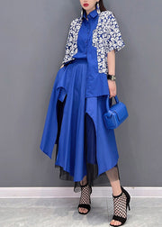 Chic Blue Peter Pan Collar asymmetrical design Tulle Patchwork Shirt And Skirt Two Pieces Sets Summer