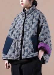 Chic Blue Pockets Patchwork Dot Winter Cotton Coat