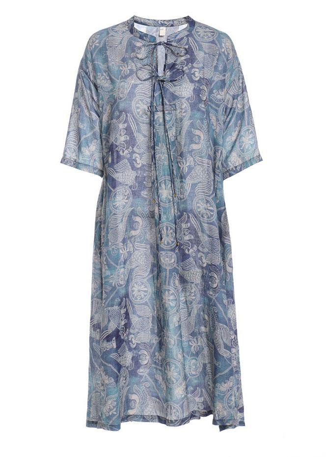 Chic Blue Print O-Neck tie Print Ramie Summer Holiday Dress - SooLinen