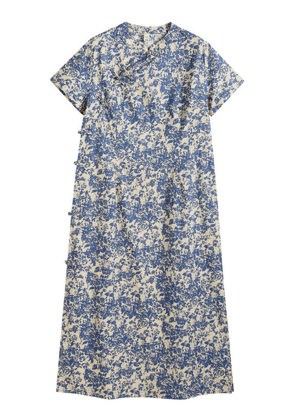 Chic Blue Stand Collar Print Side Open Cotton Long Dress Short Sleeve