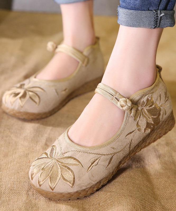 Chic Buckle Strap Flat Feet Shoes Green Embroideried Cotton Fabric - SooLinen