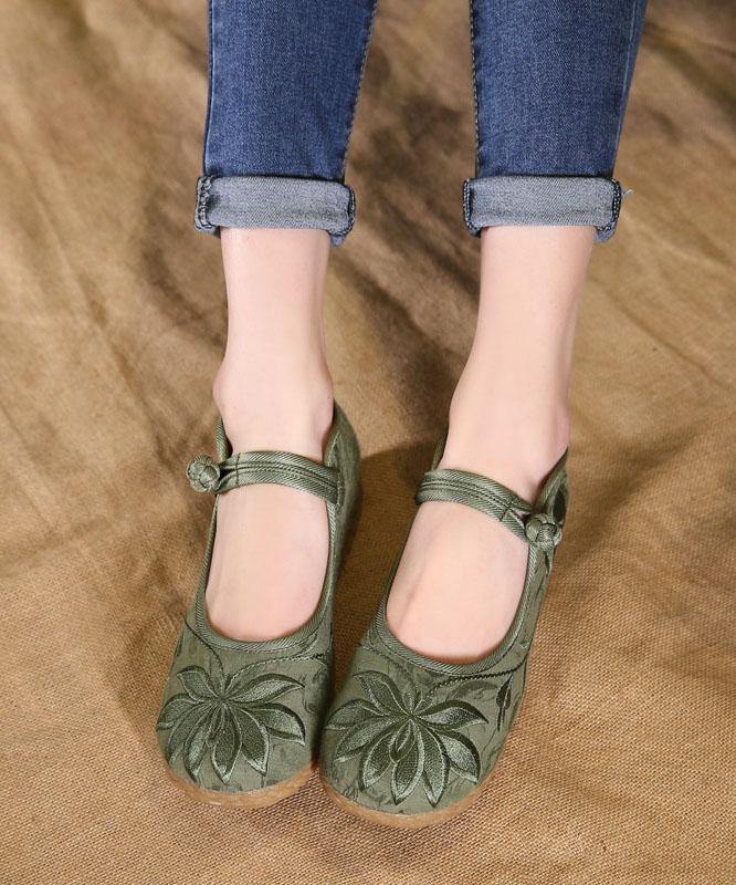 Chic Buckle Strap Flat Feet Shoes Green Embroideried Cotton Fabric - SooLinen