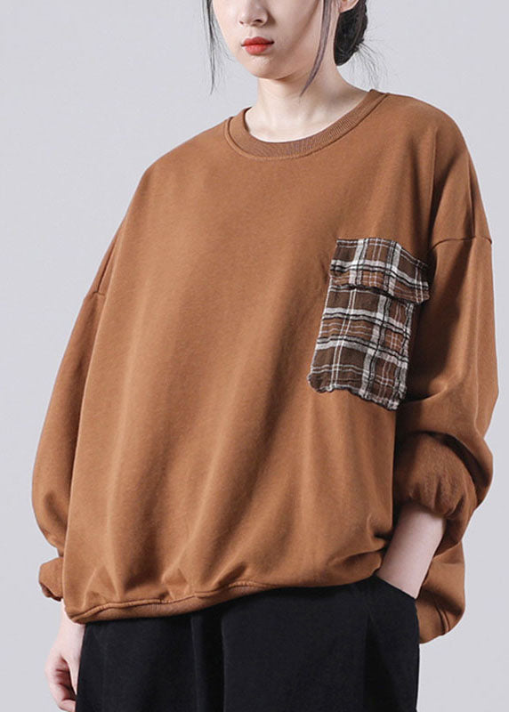 Chic Chocolate Loose O-Neck Pockets Fall Sweatshirts