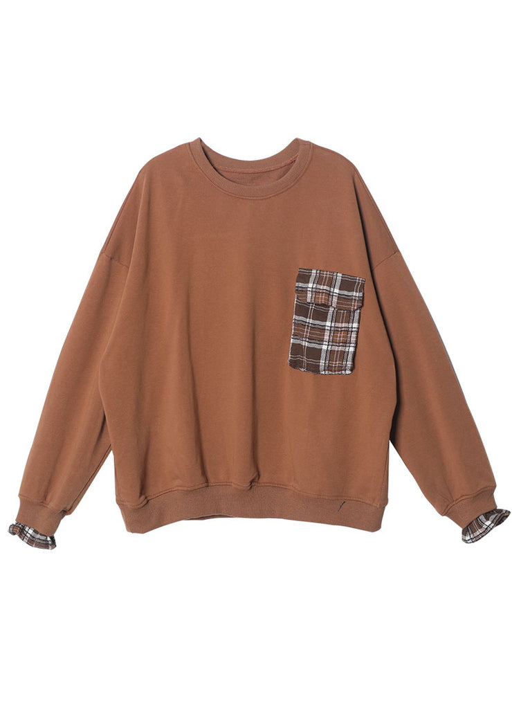 Chic Chocolate Loose O-Neck Pockets Fall Sweatshirts