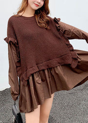 Chic Coffee Knit Patchwork Ruffled Fall sweaters