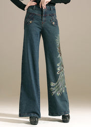 Chic Denim Blue Sequins Embroideried Pockets Cotton Wide Leg Pants Summer