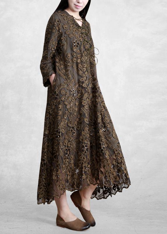 Chic Embroidery Dress Lnspiration Chocolate Green Long Dresses - SooLinen