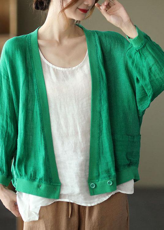 Chic Green Loose Retro V Neck Fall Blouses Long Sleeve - SooLinen