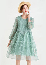 Chic Green O-Neck Tulle A Line Fall Lace Long Sleeve Mid Dress - SooLinen