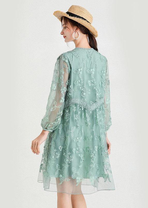 Chic Green O-Neck Tulle A Line Fall Lace Long Sleeve Mid Dress - SooLinen