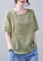 Chic Green O-Neck Stickerei Shirt Short Sleeve