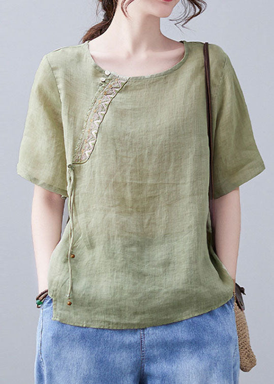 Chic Green O-Neck embroidery Shirt Short Sleeve