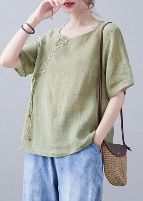 Chic Green O-Neck Stickerei Shirt Short Sleeve